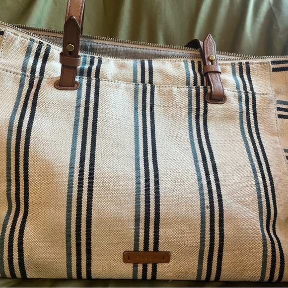 Fossil Striped Canvas Tote Bag - Blue and Tan - Picture 1 of 8
